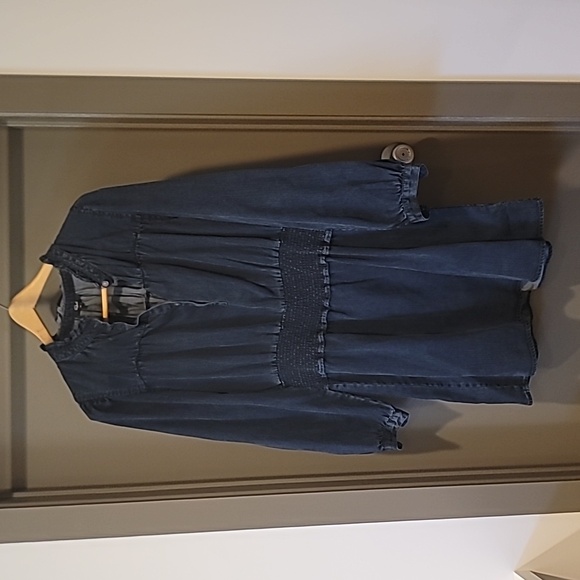 Rails Dark Denim Ruffle Collar Smocked Waist Dress - Picture 1 of 7